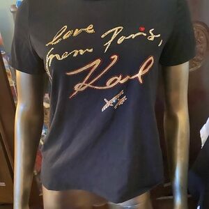 Karl Lagerfeld Black Graphic Tee with Gold Script and Red Accent